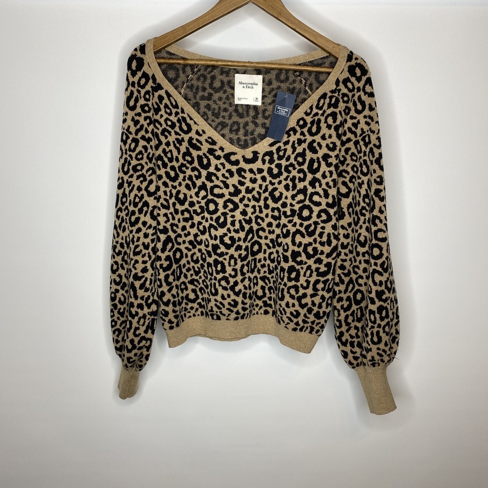Abercrombie & Fitch Sweater Leopard Sz M Puff Sleeve Soft Knit Deep V Neck Crop